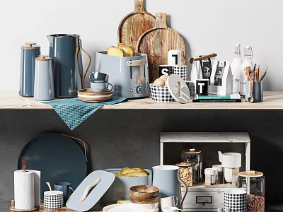 Stylish Modern Kitchenware With Jars Plates Mugs Utensils And Wooden Boards On Shelf 3d model