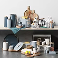 Stylish Modern Kitchenware With Jars Plates Mugs Utensils And Wooden Boards On Shelf