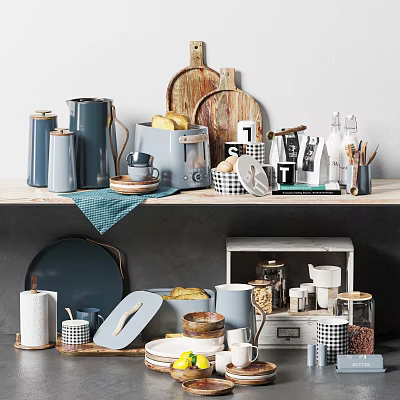Stylish Modern Kitchenware With Jars Plates Mugs Utensils And Wooden Boards On Shelf 3d model