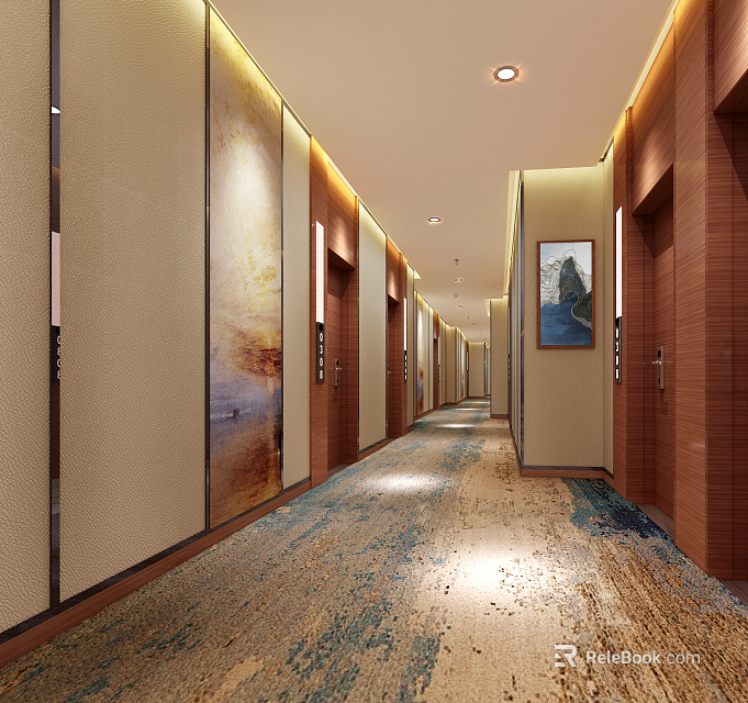 Modern Hotel Corridor With Decorative Walls Patterned Carpet Wooden Doors And Recessed Lighting 3d model 
