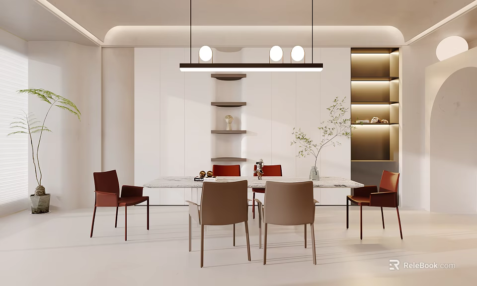 Modern Restaurant Interior With White Dining Table Red Chairs Pendant Lights And Green Plants 3d model 