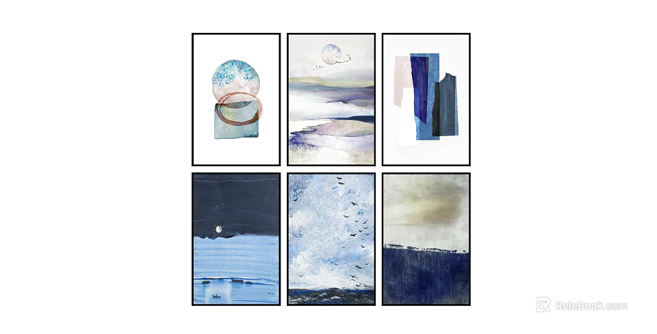 Modern Abstract Framed Wall Art Featuring Blue Tones Geometric Patterns And Natural Scenes 3d model 