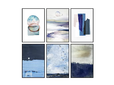 Modern Abstract Framed Wall Art Featuring Blue Tones Geometric Patterns And Natural Scenes 3d model