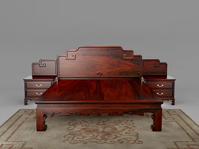 Traditional Chinese Style Redwood Double Bed With Carved Headboard And Nightstands On Carpet 3d model