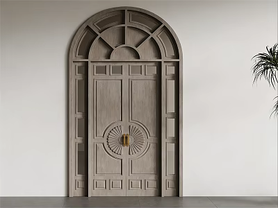 Classic Wooden Double Doors With Arched Top Circular Pattern And Golden Handle 3d model