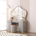 Elegant Gray Dressing Table With Gold Accents Scalloped Mirror And Round Stool