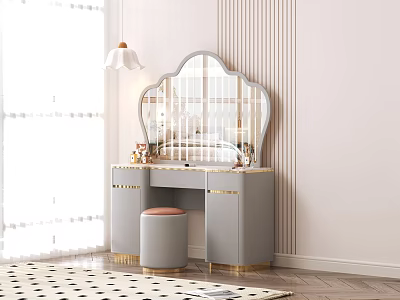 Elegant Gray Dressing Table With Gold Accents Scalloped Mirror And Round Stool 3d model