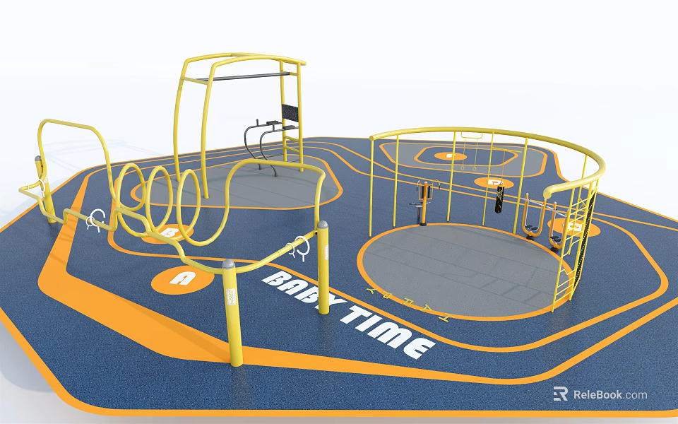 Yellow And Blue Outdoor Sports Equipment With Multiple Fitness Stations For Break Time 3d model 