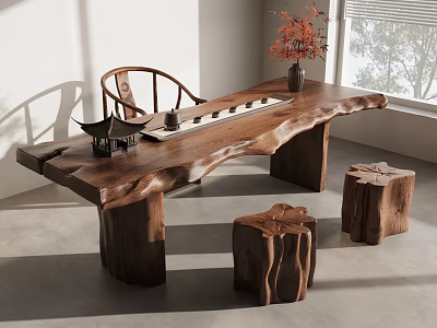 Natural Solid Wood Tea Table and Chairs with Tea Tray Flower Vase in Sunlit Room 3d model