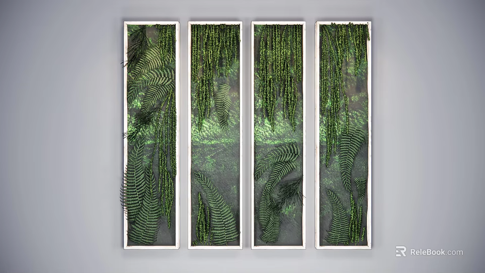 Decorative Vertical Green Plant Wall With Four Framed Panels And Fern Leaves 3d model 