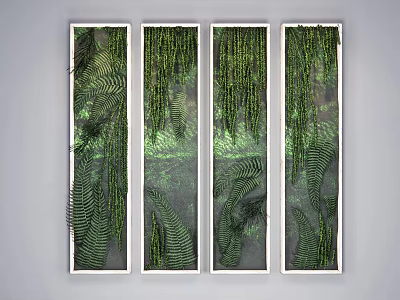 Decorative Vertical Green Plant Wall With Four Framed Panels And Fern Leaves 3d model