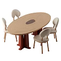 Oval Wooden Dining Table And Four Chairs Set With Red Legs And Curved Backrest Design