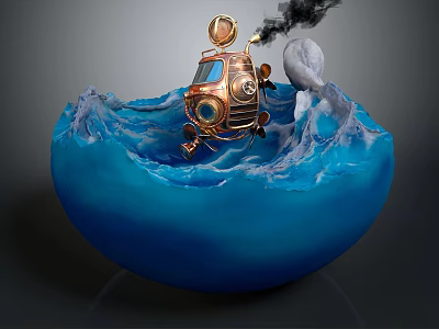 Vintage Copper Car In Blue Wave Shaped Water With Smoking Exhaust And Round Top Device 3d model
