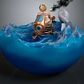 Vintage Copper Car In Blue Wave Shaped Water With Smoking Exhaust And Round Top Device 3d model