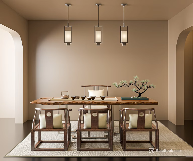 Traditional Tea Room Interior With Wooden Table Chairs Tea Sets Pendant Lights And Decorative Plant 3d model 