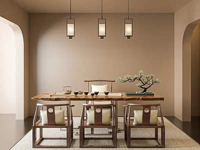 Traditional Tea Room Interior With Wooden Table Chairs Tea Sets Pendant Lights And Decorative Plant 3d model