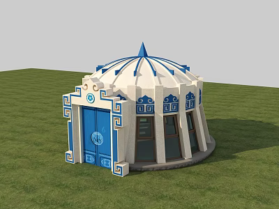 Traditional White and Blue Yurt with Pointed Roof Decorative Door and Windows on Green Grassland 3d model