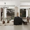 Modern Living and Dining Room Interior With Chandelier Large Windows Black Leather Sofa And Plants