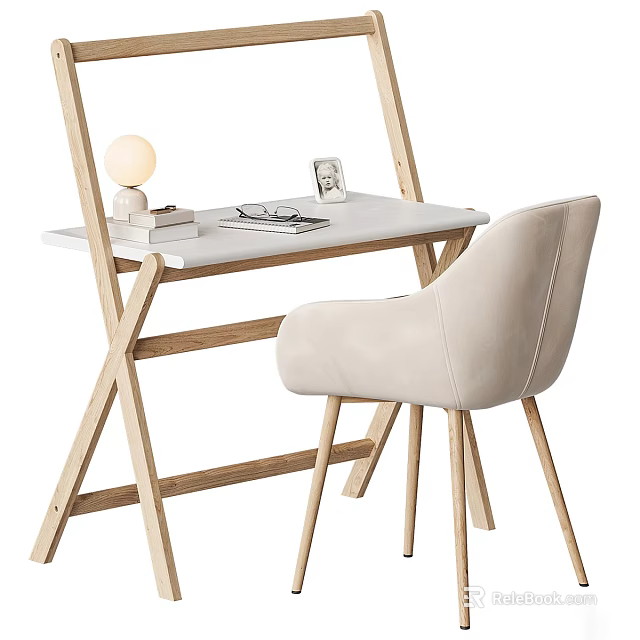 Sleek Modern Office Desk With Wooden Frame White Tabletop Beige Chair And Table Lamp 3d model 