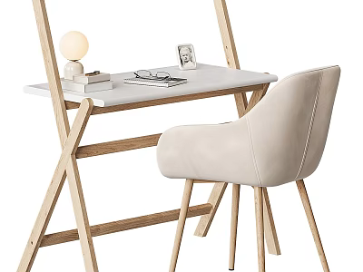 Sleek Modern Office Desk With Wooden Frame White Tabletop Beige Chair And Table Lamp 3d model
