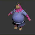 Cartoon Monster Character With Pink Head Limbs Blue Coat Horns And Big Belly