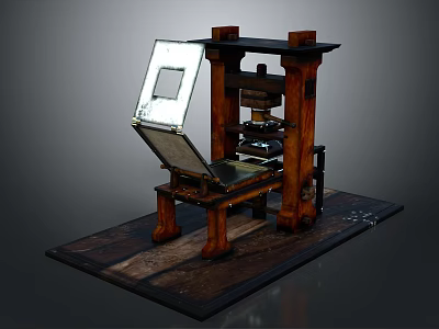Antique Vintage Printing Press With Wooden Frame Metal Components And Platform Base 3d model