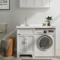Washing Machine In White Laundry Cabinet With Sink Faucet Plant Basket And Towel