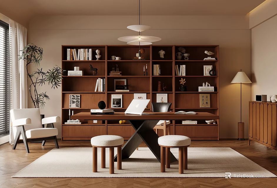 Warm Study Room Interior With Wooden Bookshelves Table Stools Books Decorations Pendant Light And Plant 3d model 