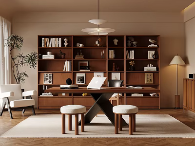 Warm Study Room Interior With Wooden Bookshelves Table Stools Books Decorations Pendant Light And Plant 3d model