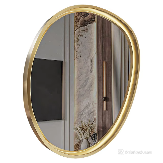 Modern Oval Mirror With Gold Frame And Marble Wall In Interior Decor 3d model