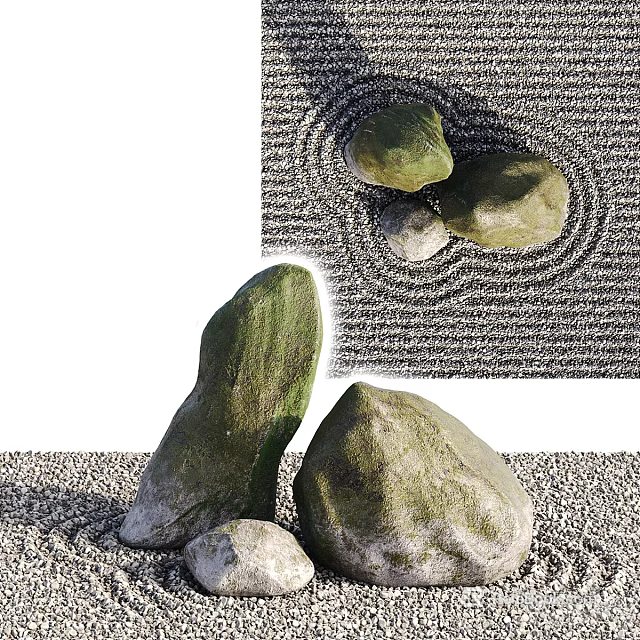 Natural Stone And Wood Elements In Traditional Zen Garden Landscape Design 3d model 