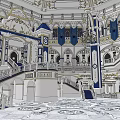Religious Faith Interior With Grand Chandelier Two Story Design Blue Banners And Arched Windows