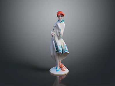 Ceramic Furniture Decorative Figurine With White Blue Outfit Red Hair And Base 3d model