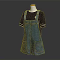 Blue Denim Overalls Shorts With Black T-shirt White Striped Cuffs And Pockets