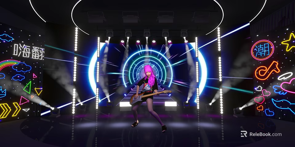Pink Haired Performer Playing Electric Guitar On Stage With Neon Lights And Smoke Effects 3d model 