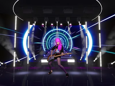 Pink Haired Performer Playing Electric Guitar On Stage With Neon Lights And Smoke Effects 3d model