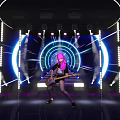 Pink Haired Performer Playing Electric Guitar On Stage With Neon Lights And Smoke Effects