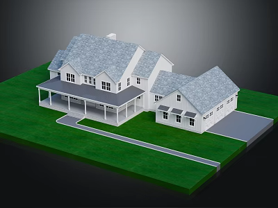 Wooden House With White Exterior Gray Roof Green Lawn Porch And Driveway 3d model