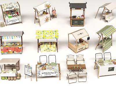 Various Design Market Stall Storefronts With Wooden Structures And Decorative Awnings 3d model