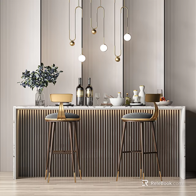 Modern Minimalist Bar Counter Design With Metallic Stools Wine Bottles Glassware And Hanging Pendant Lights 3d model 