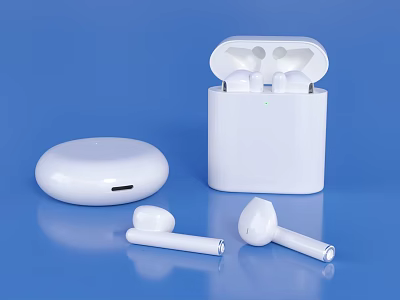 White Wireless Earbuds with Open and Closed Charging Case on Blue Background 3d model