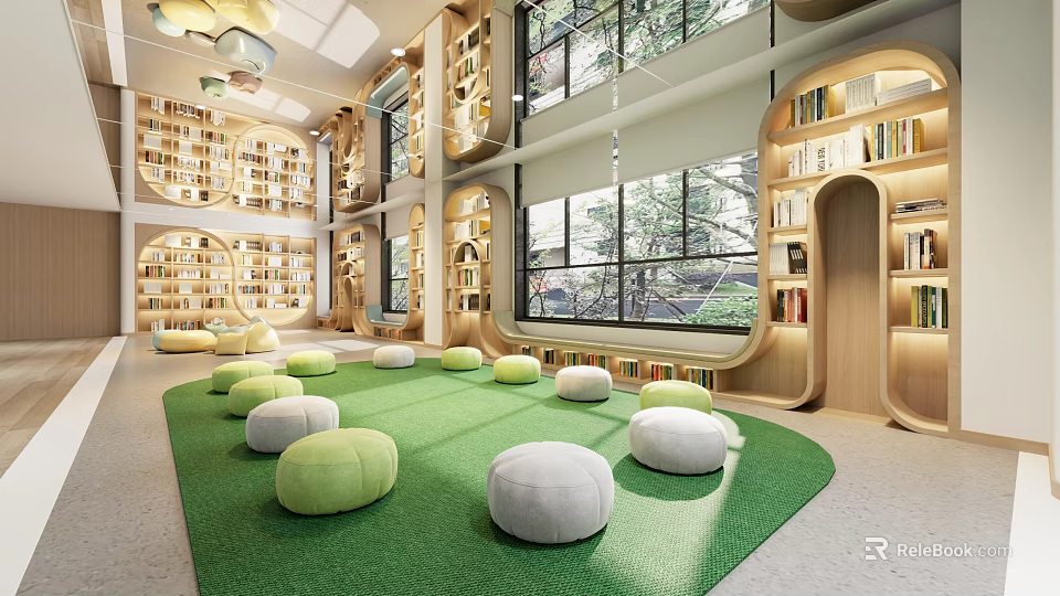 Modern Library Interior With Bookshelves And Green Carpet 3d model