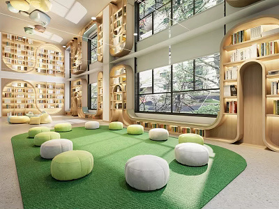 Modern Library Interior With Bookshelves And Green Carpet 3d model