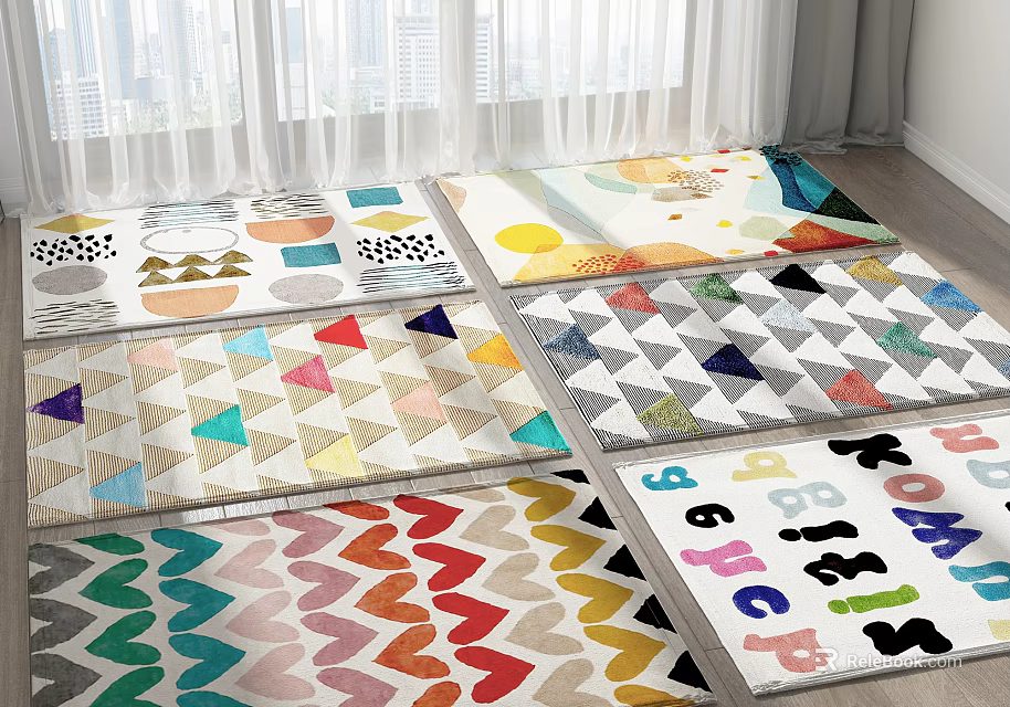 Colorful Square Rugs With Various Patterns For Home Decor 3d model 