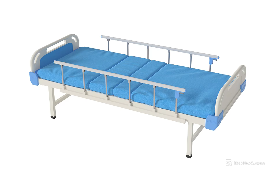 Medical Equipment Hospital Bed With Blue Mattress And Metal Side Rails 3d model 
