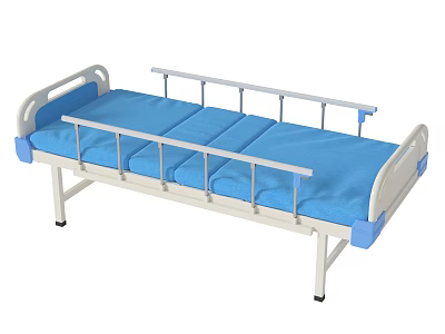 Medical Equipment Hospital Bed With Blue Mattress And Metal Side Rails 3d model