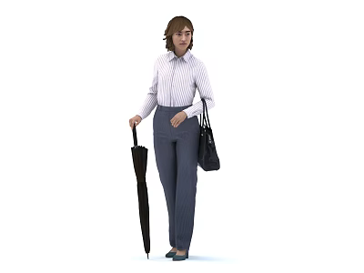 Woman In Striped Shirt And Gray Pants Holding Black Umbrella And Handbag 3d model