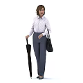 Woman In Striped Shirt And Gray Pants Holding Black Umbrella And Handbag
