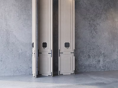 Modern Light Wood Room Divider Doors With Metal Hinges Against Gray Wall 3d model