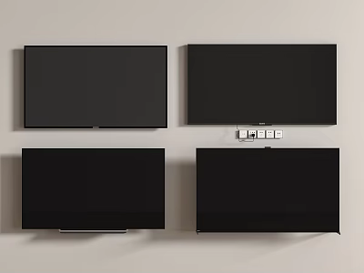 Four Black TVs Mounted on Light Colored Wall with Small Controllers Below Top Right TV 3d model